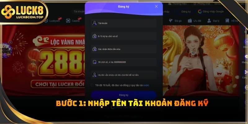 Người dùng cần điền tên tài khoản mong muốn vào ô đầu tiên